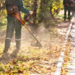 On a clear autumn day, workers trim grass along a park path. The sunlight filters through the trees, creating a warm atmosphere as they remove fallen leaves.