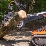 Mini skid steer loader is moving a large tree trunk in a forest, showing its power and versatility for forestry work. Selective focus
